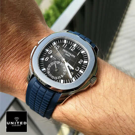 Patek Philippe Dual Time Replica 3 Patek Philippe Black Rubber Bracelet Steel Black Dial Replica on the wrist