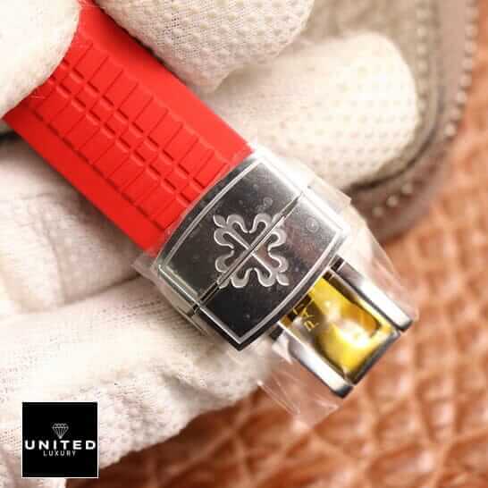 Patek Philippe Red 5167A Replica 5 Patek Philippe Red Rubber Bracelet Steel Clasp Replica on the hand