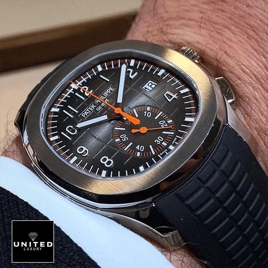 Patek Philippe Black Replica 1 Patek Philippe Aquanaut 5968A001 Black Dial Replica on the man wrist