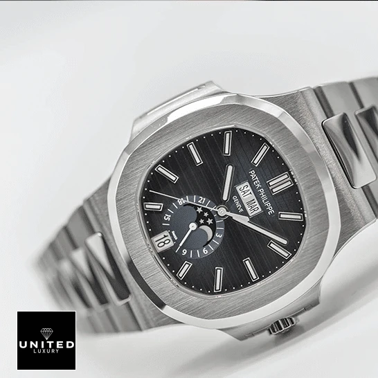 Patek Philippe Nautilus Black Dial Replica 4 Patek Philipe Grey Dial Nautilus 5726_1A-001 Steel Bezel Replica side view white background