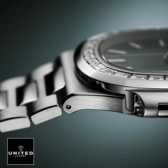 Patek Philippe Diamond Bezel Replica 6 Patek Philippe Stainless Steel Bracelet Replcia side view green background
